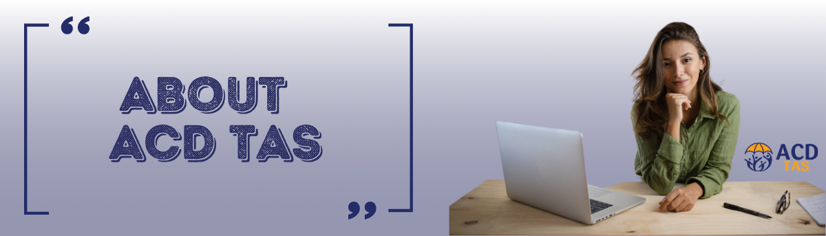 Text: About ACD Tas Image: Woman at a desk with a laptop. Her head is resting on her closed hand and she appears to be thinking